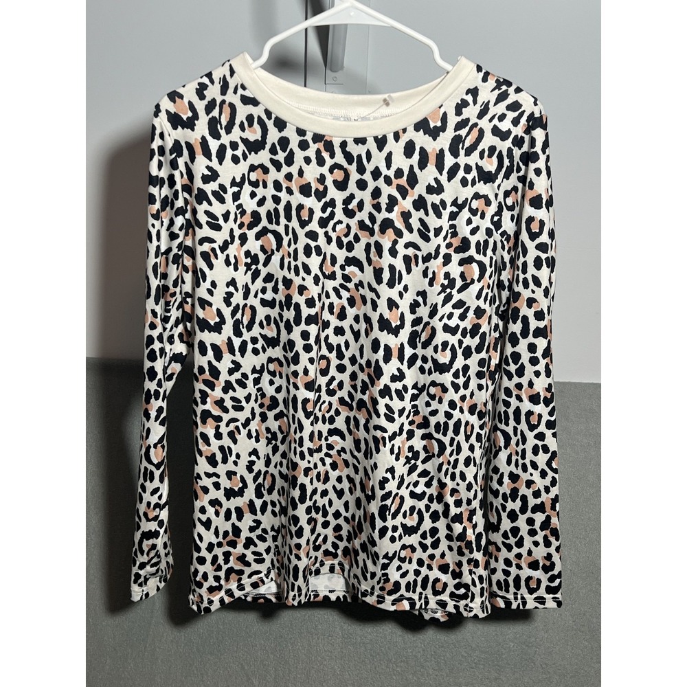 Women's Leopard Print Long Sleeve Top Size M Black White Peach Crew Neck T-Shirt